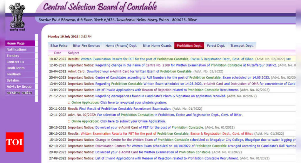 CSBC Bihar Police Prohibition Constable 2023 written exam results declared on csbc.bih.nic.in; download here