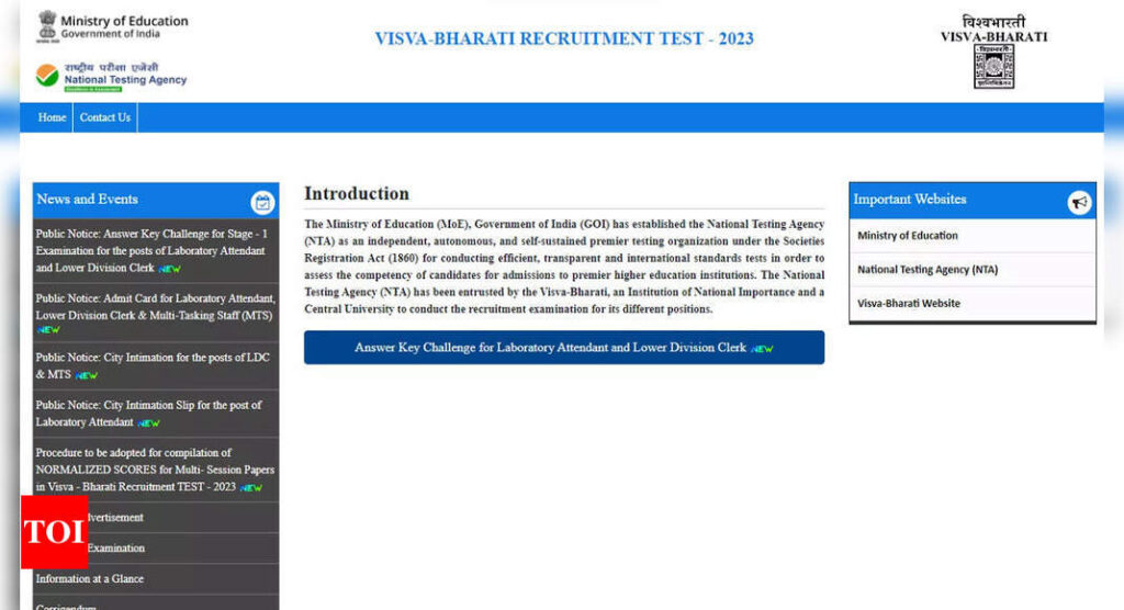 NTA releases answer key for Visva Bharati University non-teaching recruitment exam 2023; download here